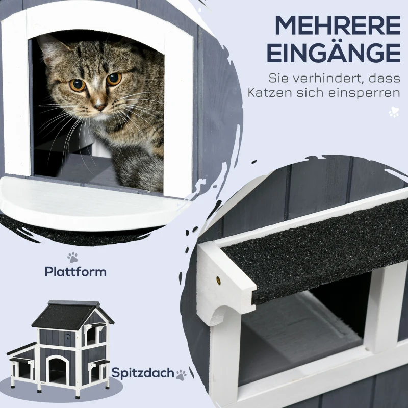 PawHut kattenhuis, dennenhout, kattenhuis, kattengrot, huisje voor kleine dieren, buiten(m-4)