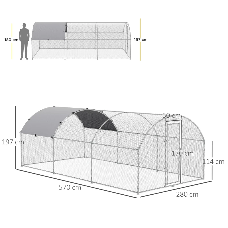 PawHut Hühnerstall Freilaufgehege 2,8x5,7x1,97m mit Schloss Verzinkter Stahl Hühnerhaus mit Wasserdichtem, Anti-UV Dach Freigehege Outdoor Geflügelstall für Hühnerkäfig, Kleintiere Silber