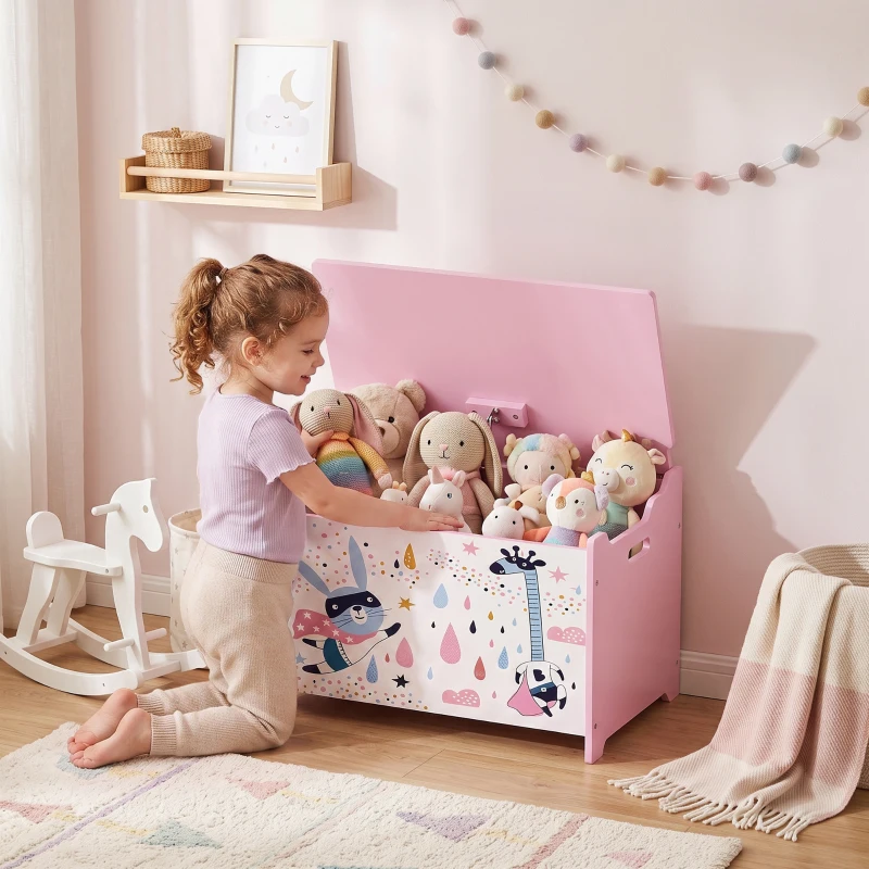 AIYAPLAY Storage Chest, Wooden Toy Chest with Lid, Flip-Top, Security Hinges and Anti-Pinch Design for Kids, Pink