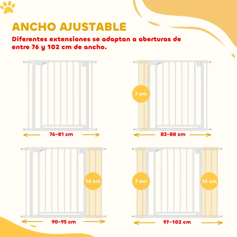 PawHut Barrera de Seguridad para Niños y Perros Ancho 76-102 cm Bloqueo Doble y Cierre Automático Apertura Dos Sentidos Blanco