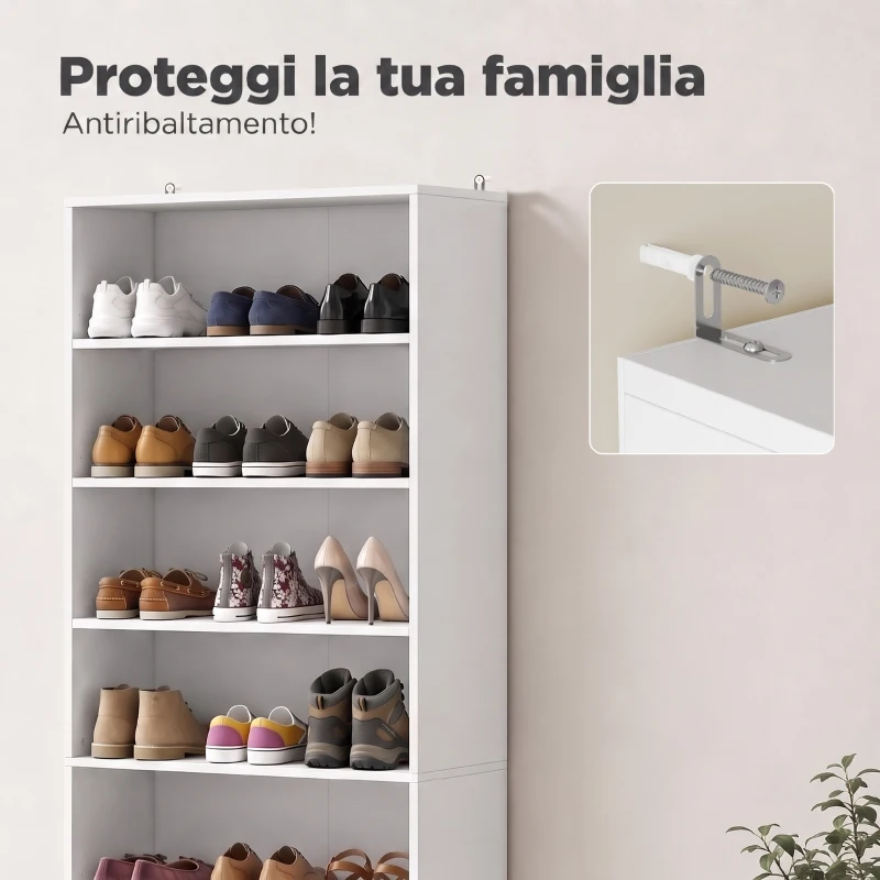 HOMCOM Scarpiera con Ripiani Regolabili e 7 Scomparti per 21 Paia di Scarpe, 60x30x160 cm, Bianco