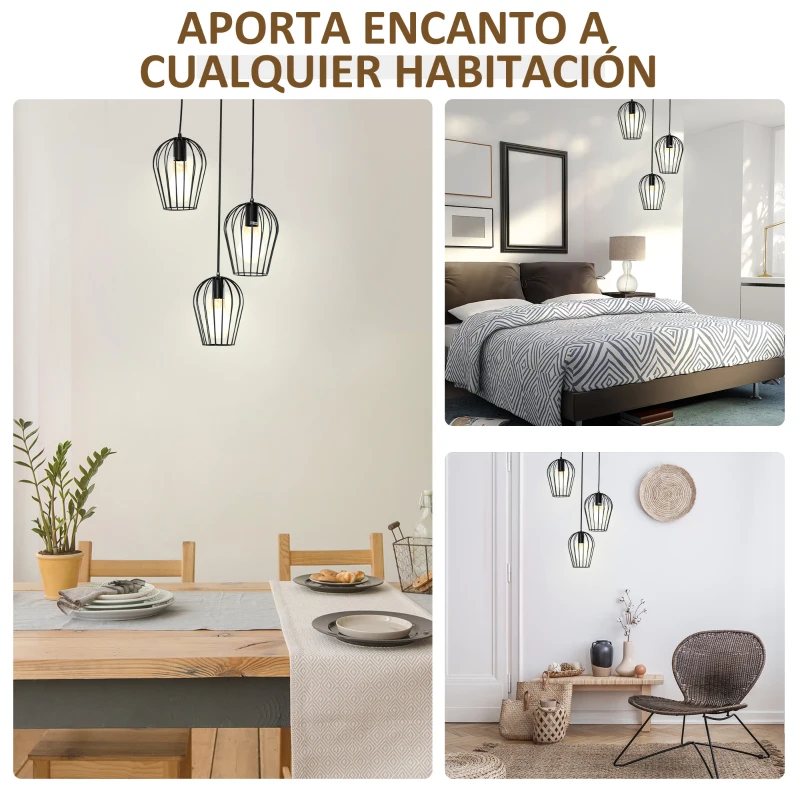 HOMCOM Lámpara Colgante Vintage Lámpara de Techo de Estilo Industrial 3 Portalámparas E27 Lámpara de Suspensión de Metal para Comedor Salón Ø38x133 cm Negro