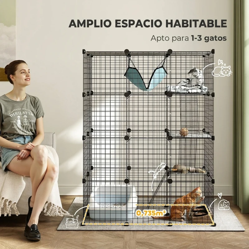 PawHut Jaula Grande para Gatos Interior 49 Paneles de 4 Niveles 5 Puertas 3 Plataformas Rampas Hamaca DIY 105x70x140 cm Negro