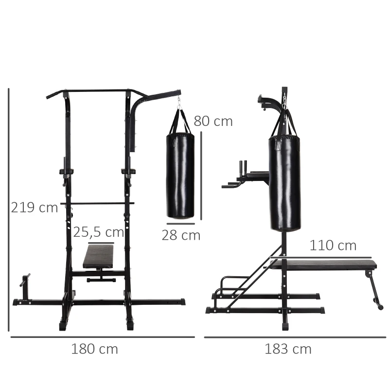 HOMCOM Estación de Musculación con Saco de Boxeo 20 kg Barra de Dominadas y Banco de Pesas Plegable 180x183x219 cm Negro