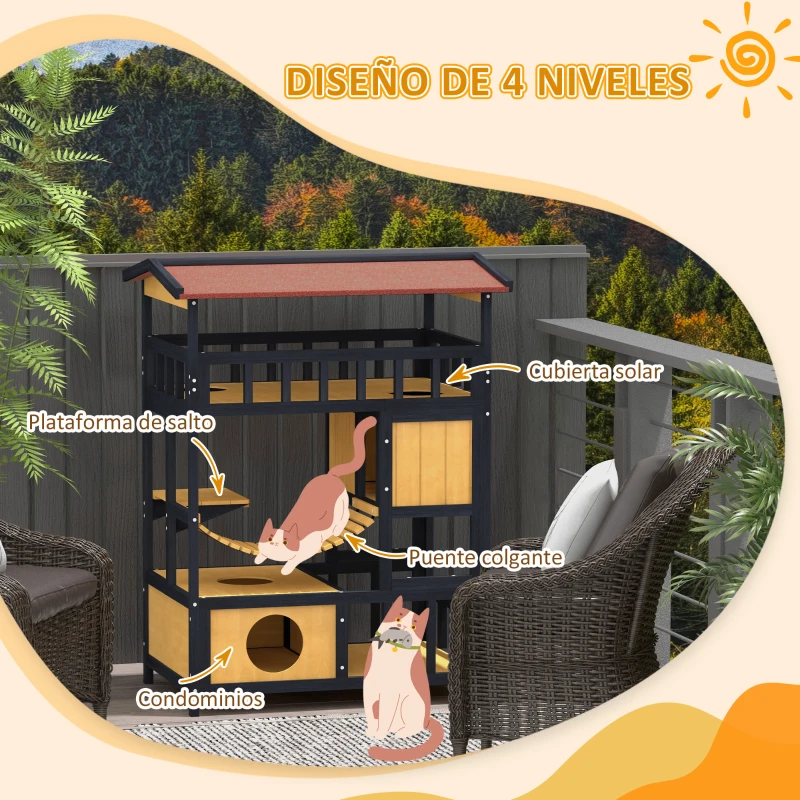 PawHut Casa para Gatos de 4 Niveles 84x60x116 cm Refugio para Gatos con Puente Colgante Balcón y Techo Asfáltico Natural