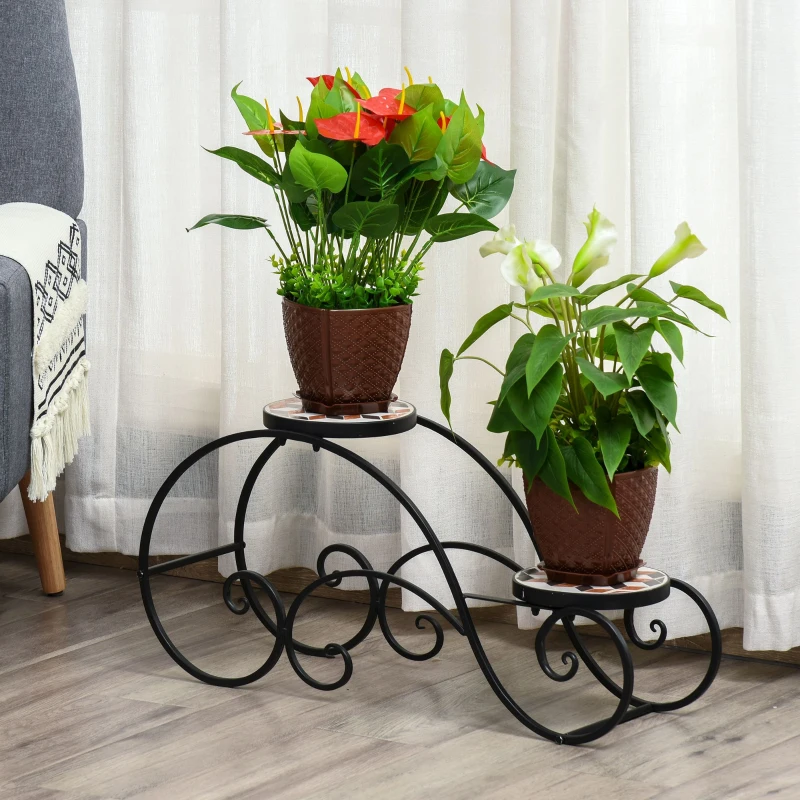 Outsunny Blumentreppe Pflanzenregal 2 Ablagen Pflanzenständer Retro-Design Deko Metall 75L x 22 x 37,5 cm