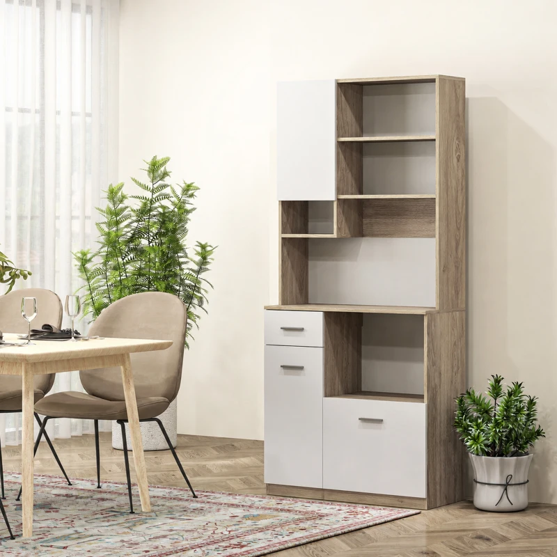 HOMCOM Armoire de cuisine haute, meuble de rangement moderne avec étagères réglables, tiroir, blanc et aspect bois(m-2)