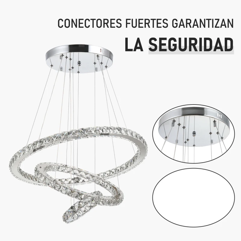 HOMCOM Lámpara de Araña de Cristal Moderna Lámpara Colgante LED 40W con 3 Anillos Ángulo Ajustable y Control Remoto 4000K Luz Blanco para Salón Comedor Ø60x110 cm