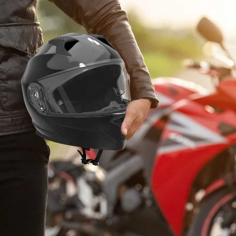 HOMCOM Casco de Moto Integral ECE Talla XL-61-62 cm Casco de Motocicleta con Doble Visera Cabezal Anticolisión y Ventilaciones con Certificación Europea Unisex Color Negro