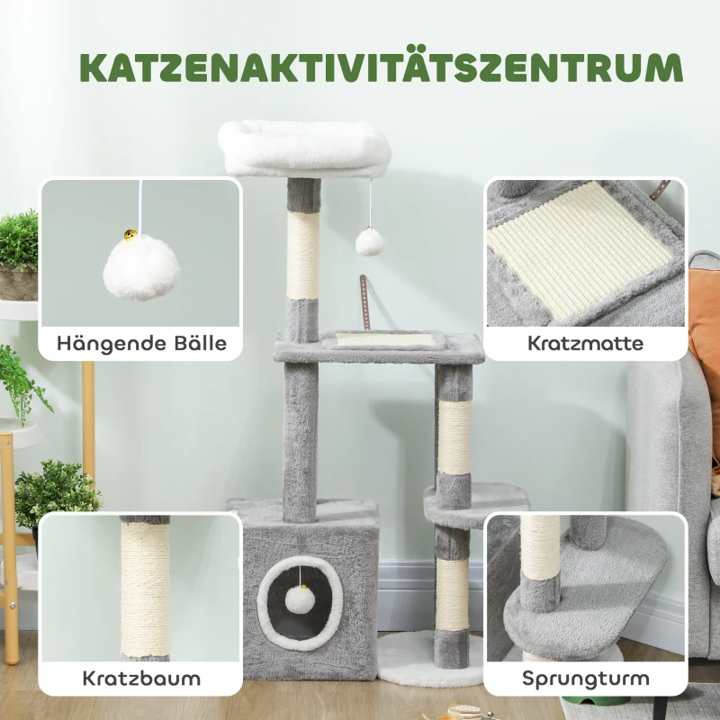 PawHut Krabpaal 107 cm kattentoren met hol, 2 pluche ballen, sisalstammen, groot platform, 55x40x107 cm, Grijs