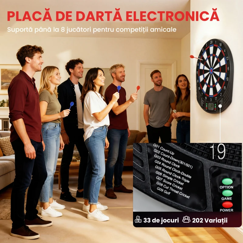 SPORTNOW Țintă Electronică pentru Darts, 6 Săgeți și Display LCD, pentru 8 Jucători, 18 Jocuri și 159 de Variante