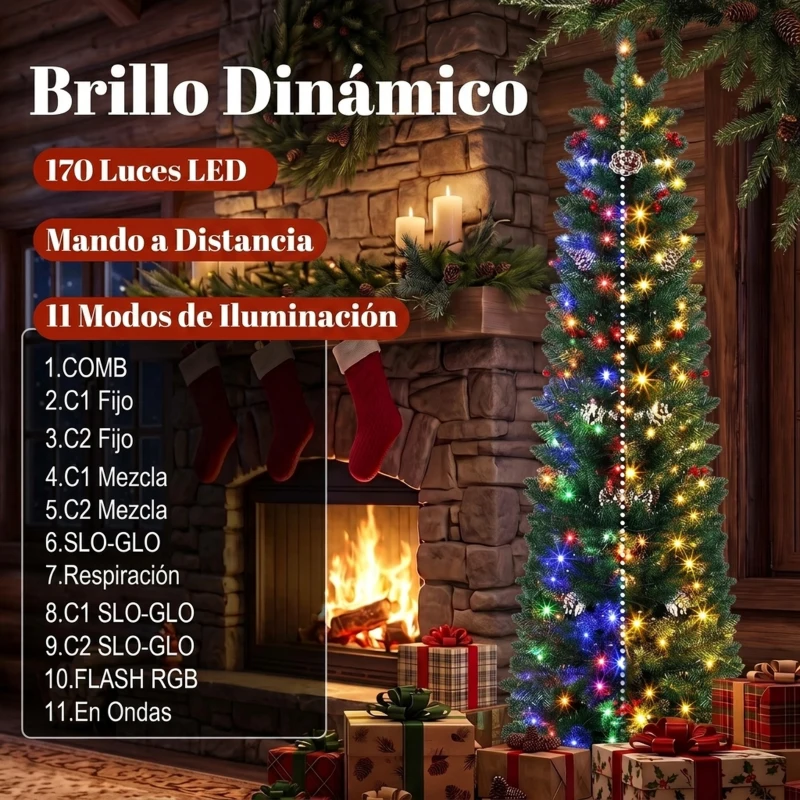 HOMCOM Árbol de Navidad Estrecho con 170 Luces LED Bicolor 180 cm 351 Ramas Ignífugas 11 Modos Piñas Bayas Rojas Mando Verde