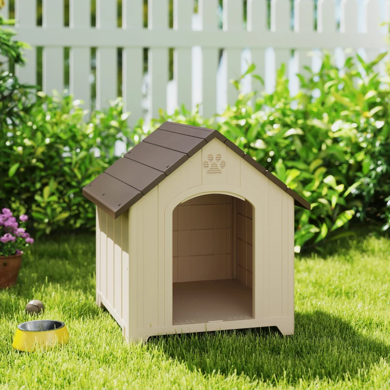 PawHut Niche pour chien extérieur, maison chien en polypropylène imperméable, ventilé, plancher surélevé, beige