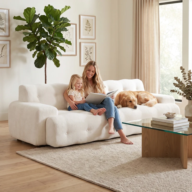 HOMCOM Canapea 3 locuri din chenille 211 cm, canapea living, șezut adânc, livrat comprimat fără asamblare, crem