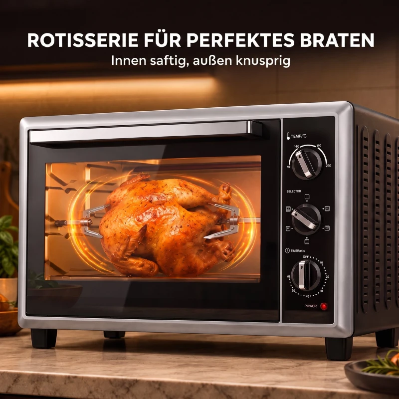 HOMCOM 46 l Mini-piekarnik z rożnem, termoobiegiem, regulacją temperatury i timerem, 1800 W, Czarny