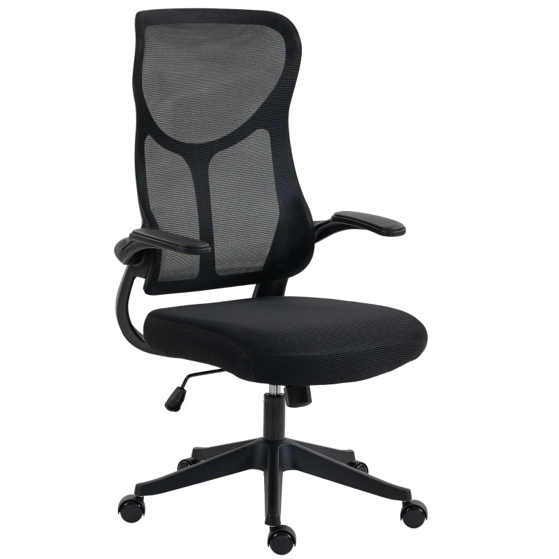 HOMCOM Silla de Escritorio Giratoria de Malla Reposabrazos Abatibles Respaldo Alto Función de Balanceo Altura Ajustable Negro