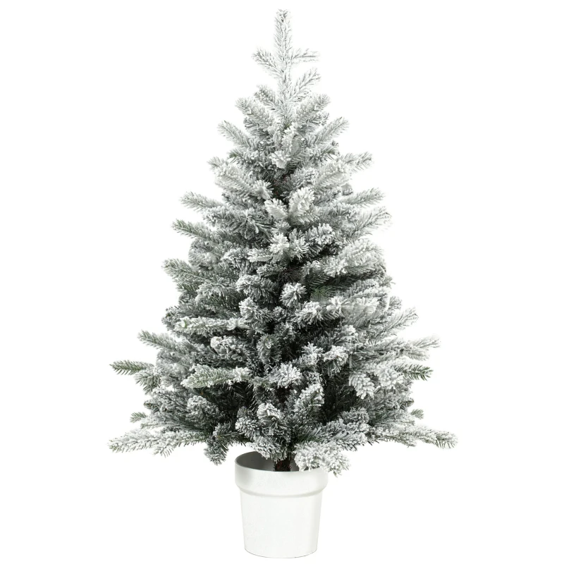HOMCOM Mini brad de Crăciun 90 cm cu 296 vârfuri, efect zăpadă, ghiveci, mini-brad de masă pentru acasă și birou, Alb