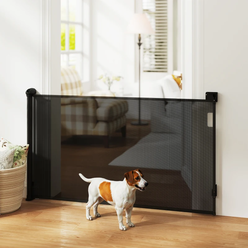 PawHut Barrera para Perros Retráctil 0-140 cm Barrera de Seguridad con Interruptor de Cierr para Puertas y Escaleras Negro