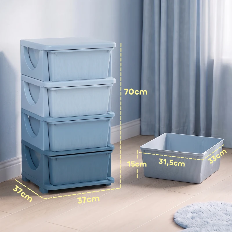 HOMCOM Organizador de Brinquedos com 4 Gavetas Torre de Arrumação para Crianças +3 Anos Cantos Arredondados e Pegas 37x37x76 cm Azul