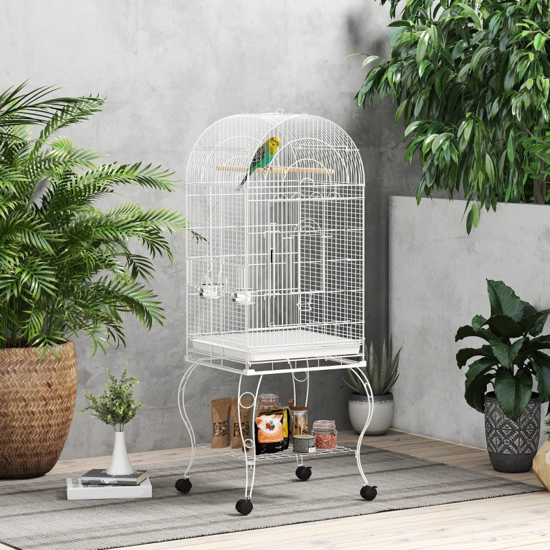 PawHut Gaiola para Pássaros com Rodas e Estante 51x51x153 cm com Parte Superior Rebatível Comedouros e Bandeja Removível Branco
