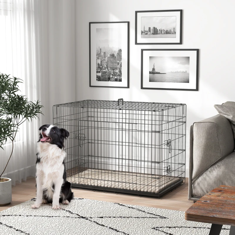 PawHut Hundekäfig klappbar Hundebox mit 2 Türen, Transportkäfig mit ausziehbare Bodenschale Kissen 106 x 71,5 x 76 cm Schwarz