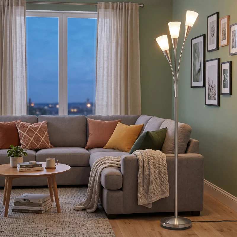 HOMCOM Lampă de podea pentru living 40 W, lampă de podea cu comutator de picior, 3 x soclu E14 pentru dormitor, birou, fără bec, Argintiu
