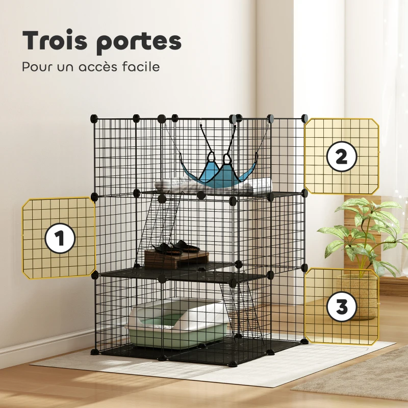 PawHut Cage Chat Intérieur Enclos Chat Modulable 3 Portes Hamac Échelle pour Petits Animaux de Compagnie 70x70x105cm Noir