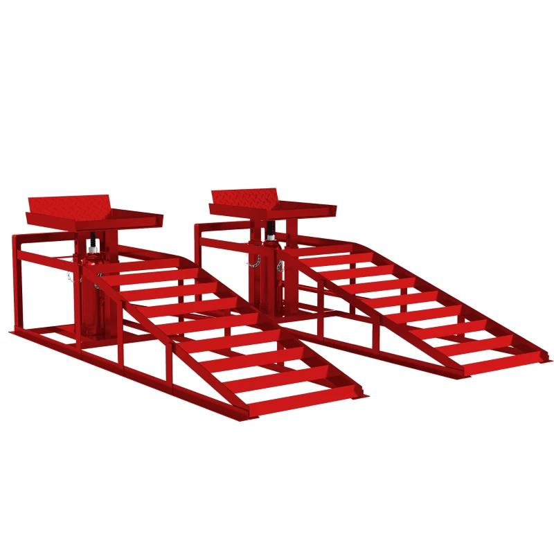 HOMCOM Lot de 2 Rampes d'Accès avec Cric Hydraulique 3T, Hauteur Réglable, Largeur d'Accès 230mm, 114x34,5x27cm, Rouge