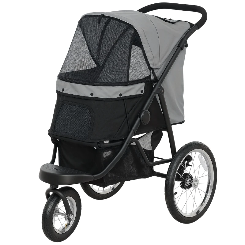 PawHut Carrito para Perros y Gatos Plegable hasta 10 kg Cochecito para Perros Pequeños de 3 Ruedas Grandes de Goma Gris