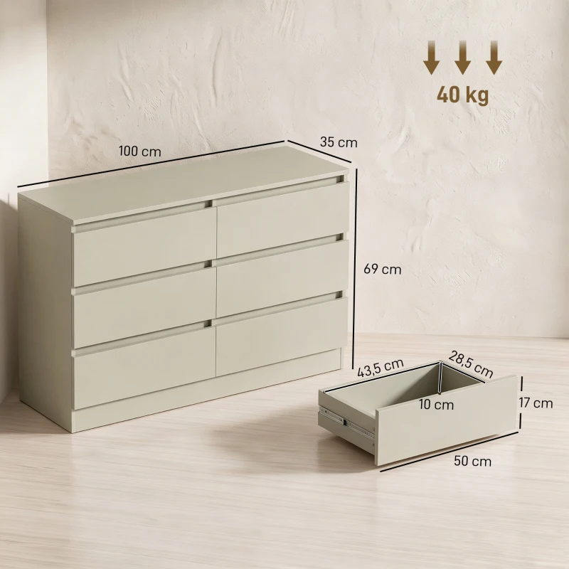 HOMCOM Cómoda de 6 Cajones Sinfonier Moderno, Soporte para TV hasta 47 Pulgadas 100x35x69 cm Marrón Claro