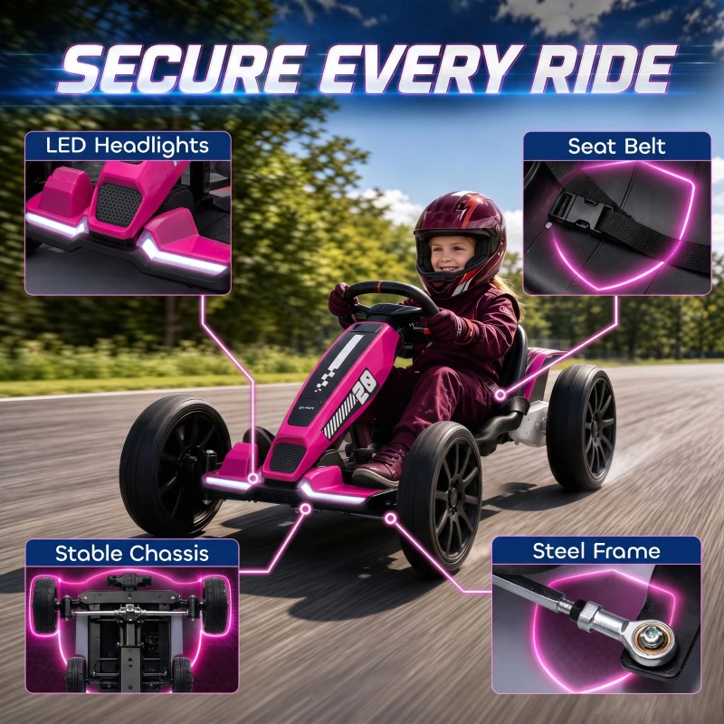 AIYAPLAY 12V Electric Go Kart for Kids with Dual Motors, Adjustable Seat, Soft Start, LED Lights, EVA Wheels, for Age 3-6, Pink