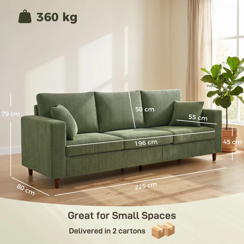 HOMCOM 3 Seater Sofa with Wide Seat, Corduroy Fabric Couch with Deep Seat, Spring Cushion, Green