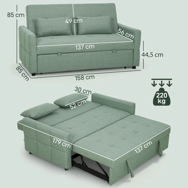 HOMCOM 2‑Sitzer Schlafsofa 3‑in‑1, Klappsofa/Schlafsofa 160 cm, verstellbare Rückenlehne, breite Sitzfläche, 2 Kissen, Grün