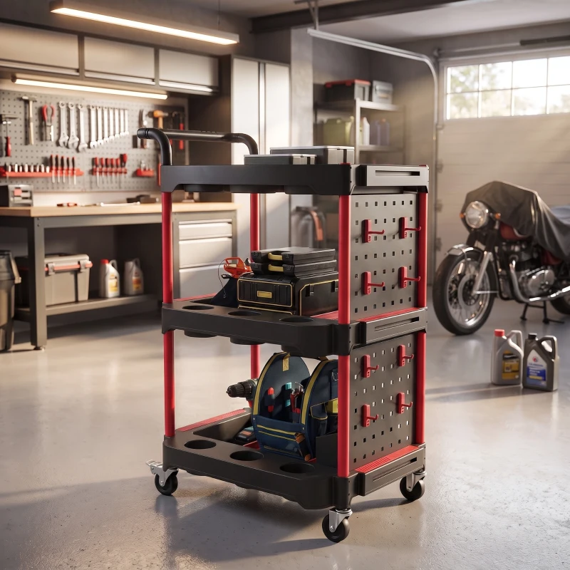 HOMCOM 3-Tier Rolling Tool Cart with Pegboard and Hooks, Storage Trolley Wheel Cart with Brakes, Black & Red