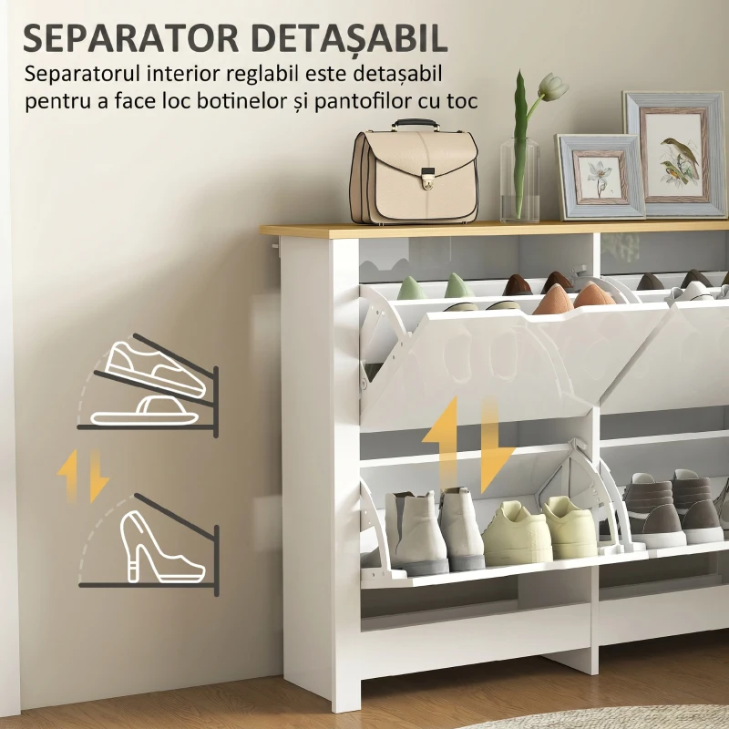 HOMCOM Pantofar Modern pentru max. 16 Perechi, cu 4 Sertare Reglabile și Detașabile, din Lemn, 105x26x80 cm, Alb
