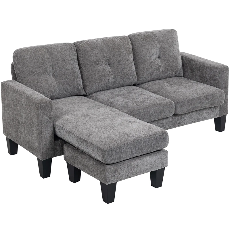HOMCOM Sofá Chaise Longue Sofá em Forma de L Estofado em Poliéster Sofá de Canto Reversível 186x130x84 cm Cinzento Escuro