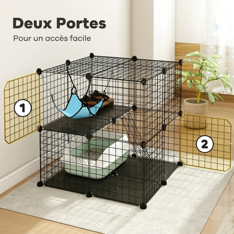 PawHut Enclos pour Chat 70 cm, Cage pour Chat en Acier avec 2 Portes, Design Modulaire DIY pour Chats de moins de 4 kg, 2 Niveaux avec Plateforme et Hamac, Noir