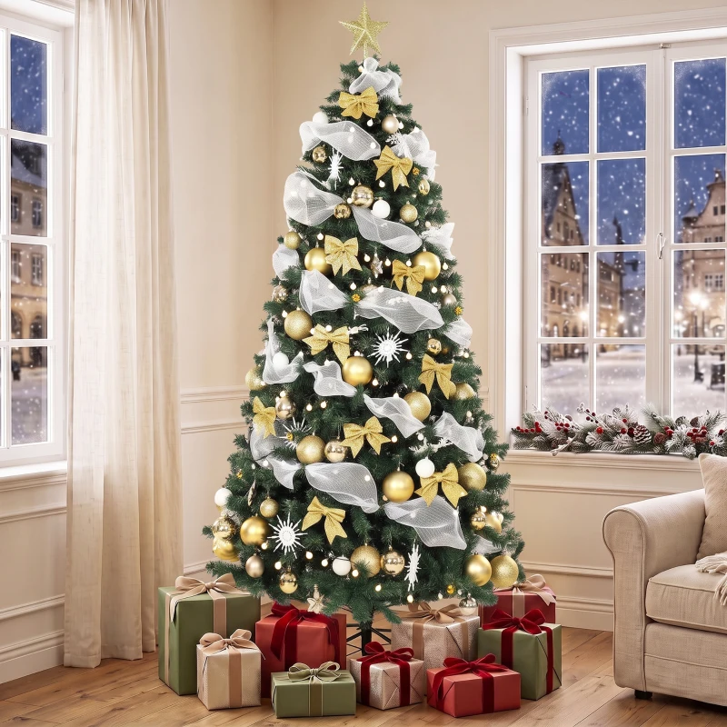 HOMCOM Árbol de Navidad 230 cm con 250 LED 1136 Ramas 8 Modos Bolas Cintas y Lazos Mando a Distancia y Base Plegable Verde
