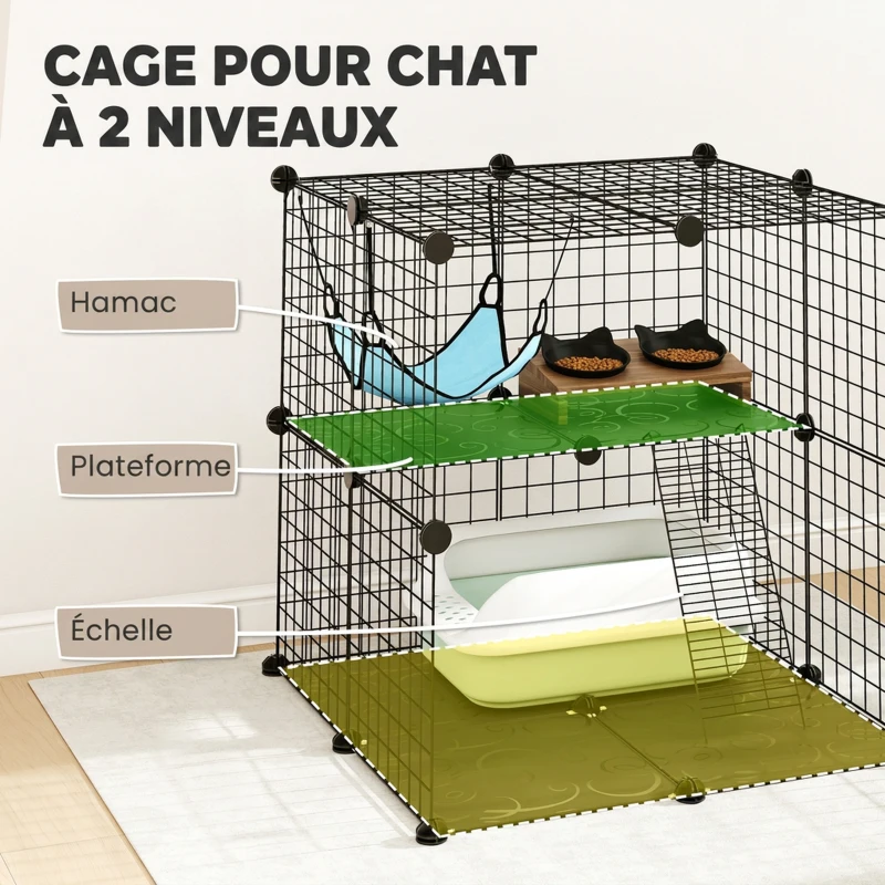 PawHut Enclos pour Chat 70 cm, Cage pour Chat en Acier avec 2 Portes, Design Modulaire DIY pour Chats de moins de 4 kg, 2 Niveaux avec Plateforme et Hamac, Noir