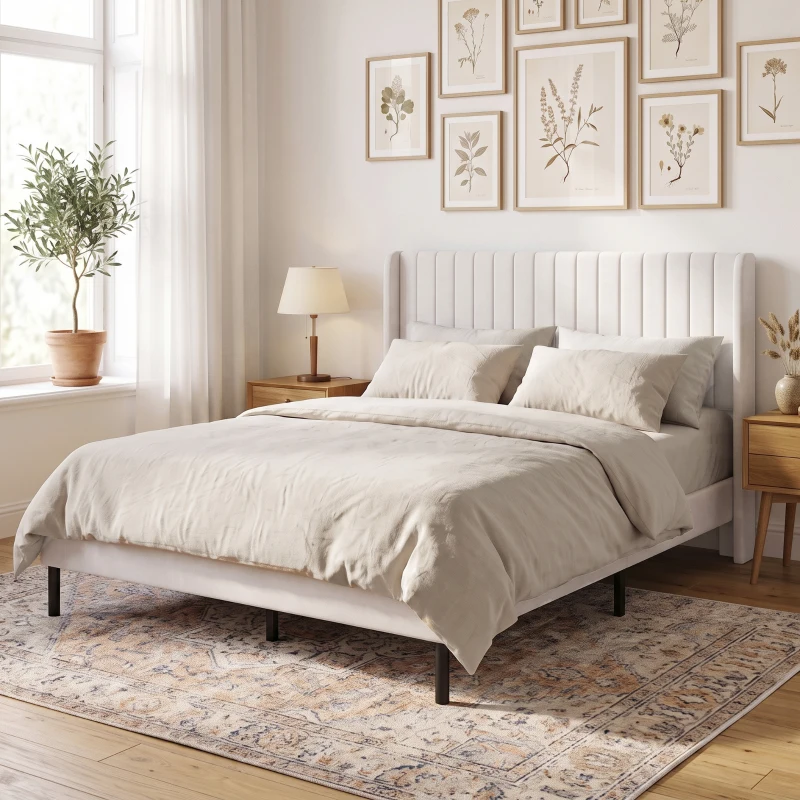 HOMCOM Armazón de cama 140 x 200 cm con cabecero ajustable, cama tapizada con 12 lamas, beige