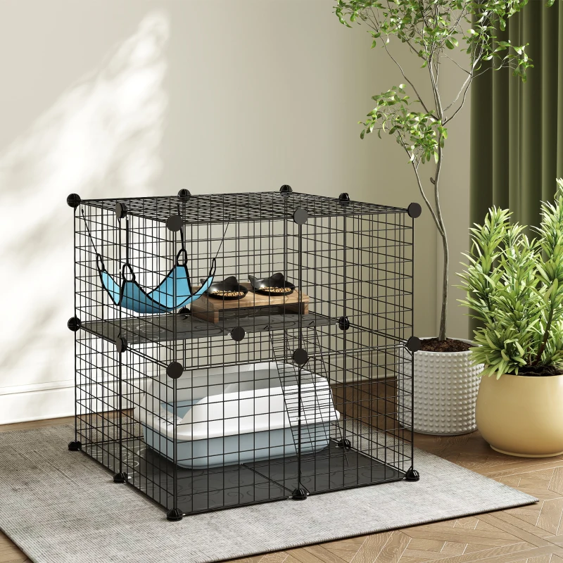 PawHut Enclos pour Chat 70 cm, Cage pour Chat en Acier avec 2 Portes, Design Modulaire DIY pour Chats de moins de 4 kg, 2 Niveaux avec Plateforme et Hamac, Noir