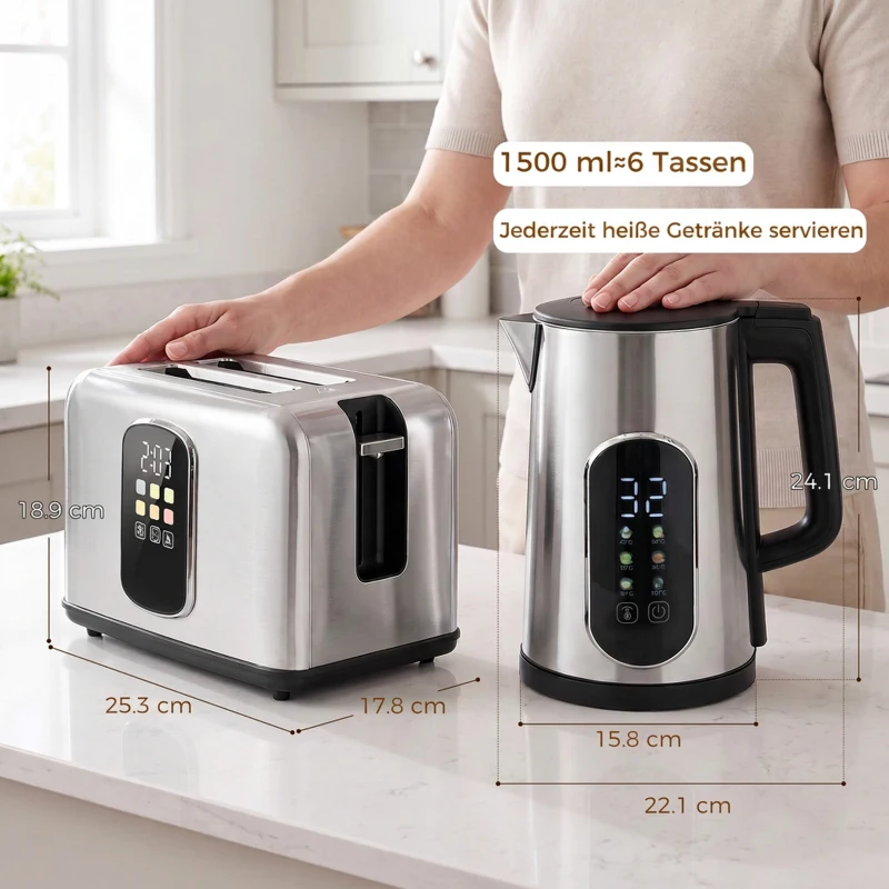 HOMCOM Hervidor de 1,5 L, 2200 W, con pantalla táctil LED, tostadora de 2 rebanadas con 6 niveles de tostado, plateado