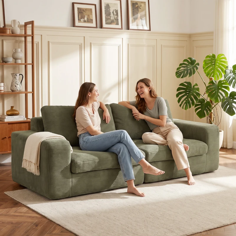 HOMCOM Sofá 3 plazas en terciopelo acanalado, sofá de salón comprimido moderno 236 cm con cojín de muelles, verde
