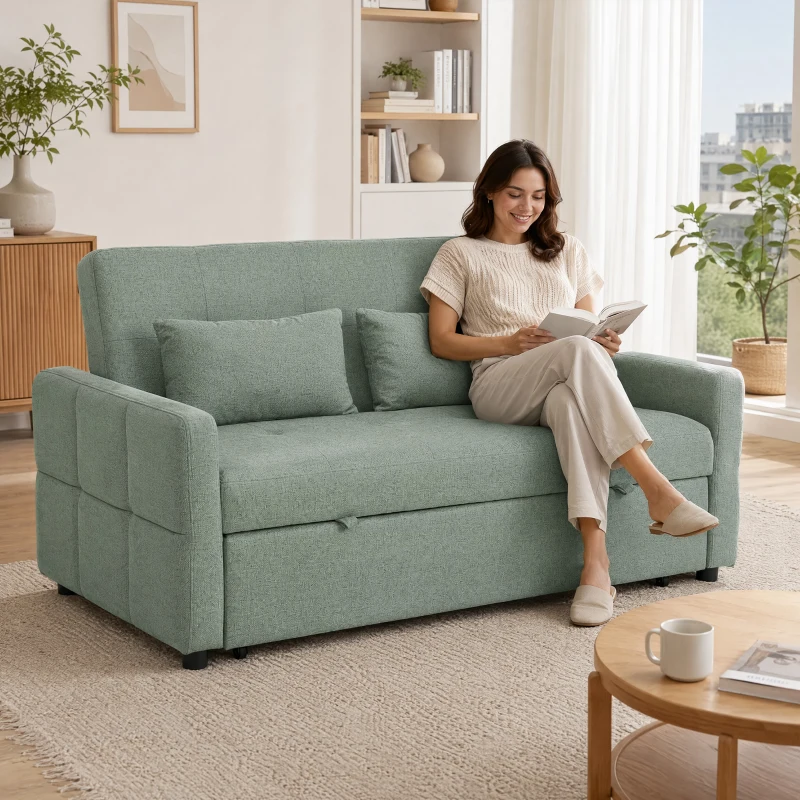 HOMCOM 2‑Sitzer Schlafsofa 3‑in‑1, Klappsofa/Schlafsofa 160 cm, verstellbare Rückenlehne, breite Sitzfläche, 2 Kissen, Grün