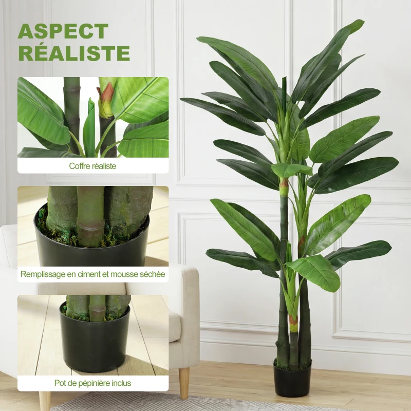 HOMCOM Plante Artificielle Bananier 180 cm, 18 Feuilles Réalistes, Pot, Entretien Facile, pour Maison Bureau, Vert