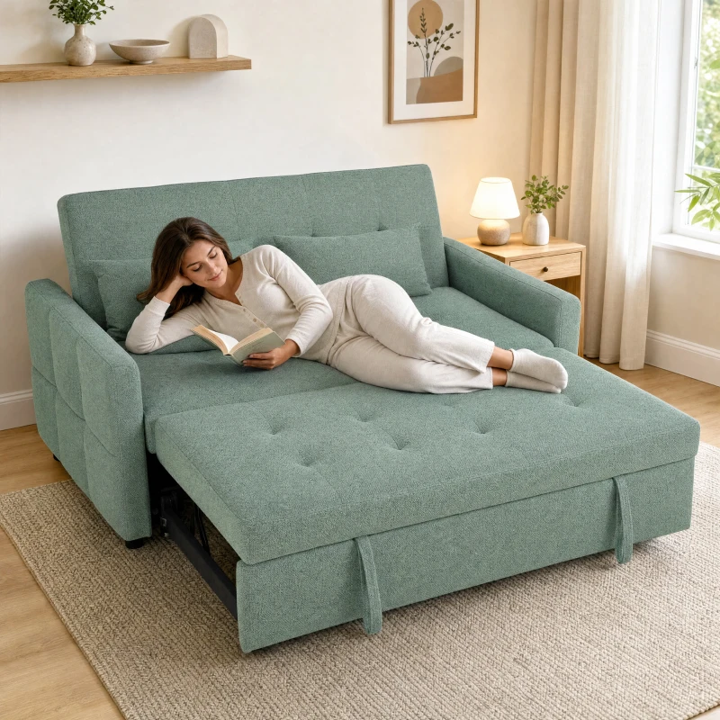 HOMCOM Sofá Convertible 2 Plazas 3 en 1, Sofá Cama Clic Clac 160 cm, Respaldo Ajustable, Asiento Amplio, 2 Cojines, Verde
