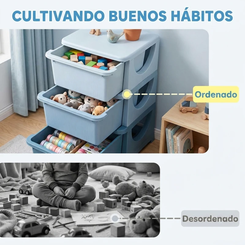 HOMCOM Torre de Almacenamiento Infantil con 3 Cajones, Organizador de Juguetes para Niños de +3 Años, con Bordes Redondeados y Asas, para Guardería, Sala de Juegos, Dormitorio, 37x37x56,5 cm, Azul
