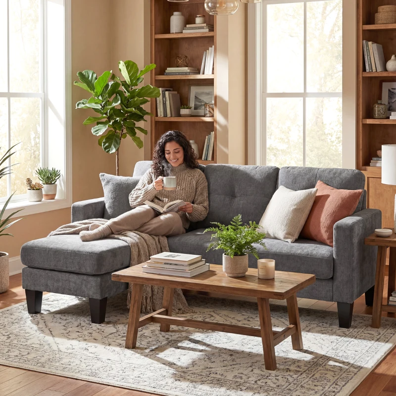 HOMCOM Sofá Chaise Longue Sofá em Forma de L Estofado em Poliéster Sofá de Canto Reversível 186x130x84 cm Cinzento Escuro