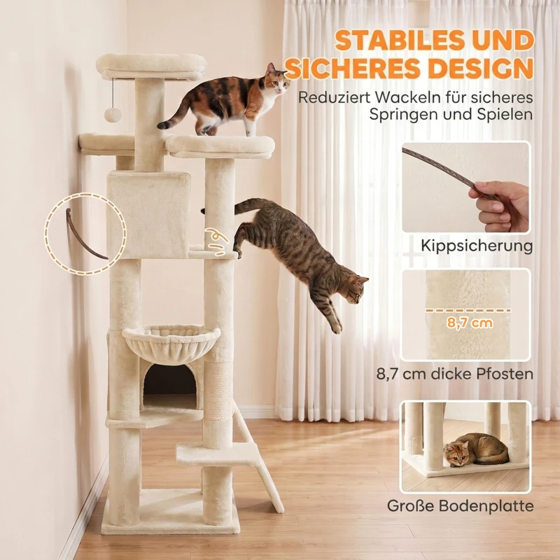 PawHut Krabpaal 184 cm met 3 krabpalen, ligplekken, speelbal, hangmat en ladder, voor katten tot 6 kg