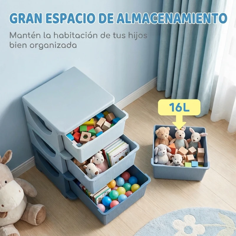 HOMCOM Torre de Almacenamiento Infantil con 3 Cajones, Organizador de Juguetes para Niños de +3 Años, con Bordes Redondeados y Asas, para Guardería, Sala de Juegos, Dormitorio, 37x37x56,5 cm, Azul
